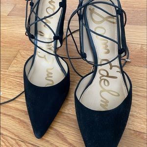 Super Sexy lace up black suede high heeled shoe. Sam Edlemanz Wore one time.